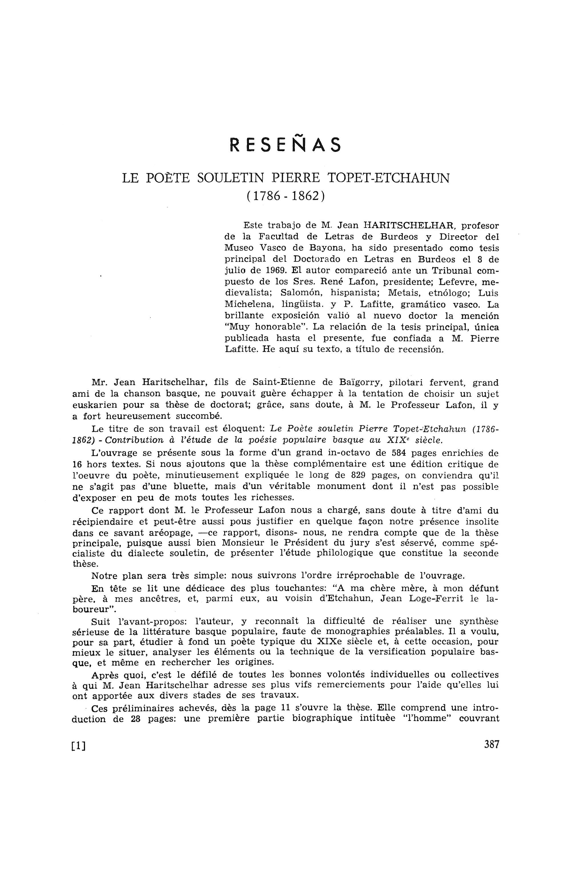 Reseñas: Le poête souletin Pierre Topet-Etchahun (1786-1862)