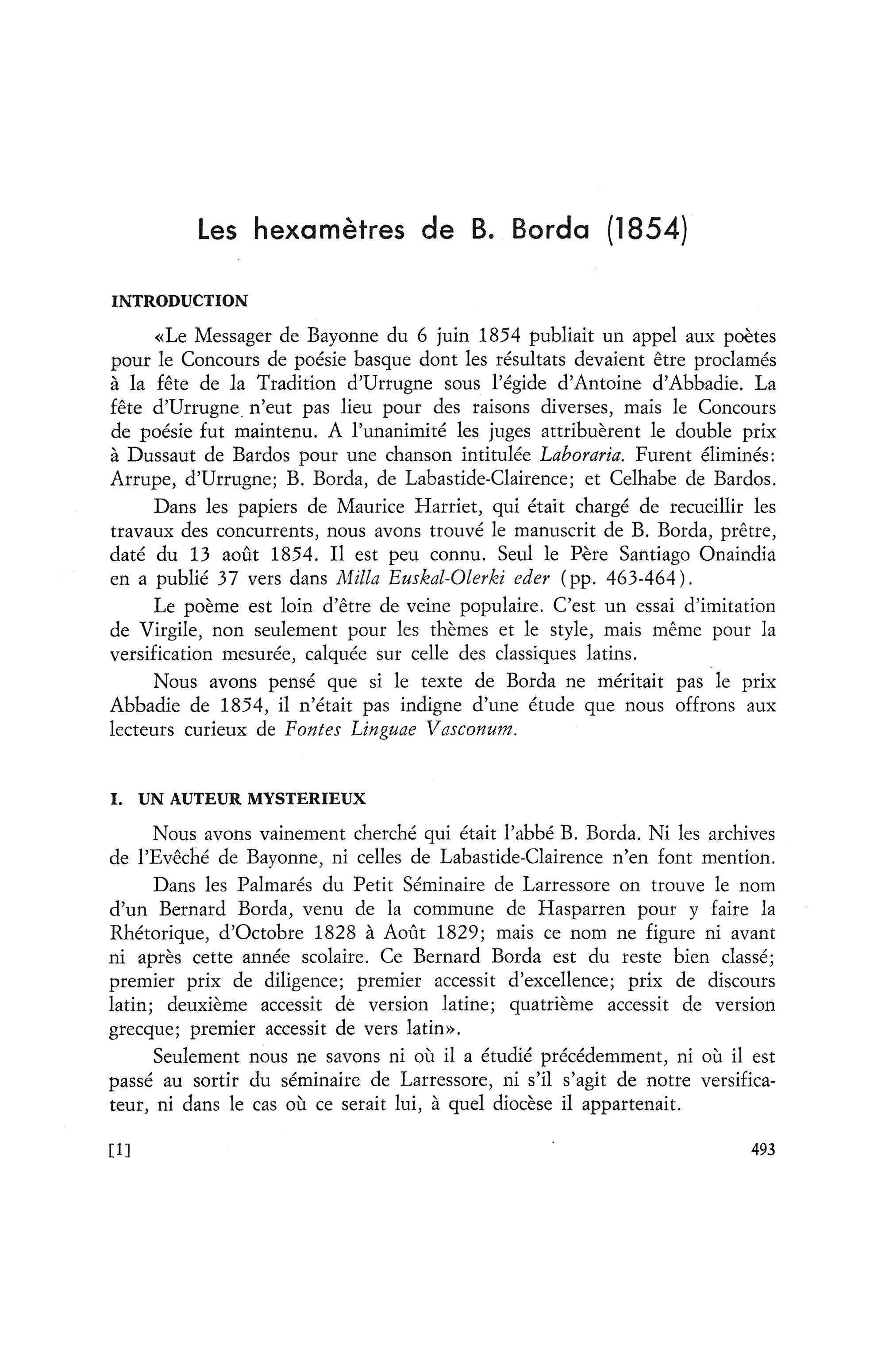 Les hexamètres de B. Borda (1854)